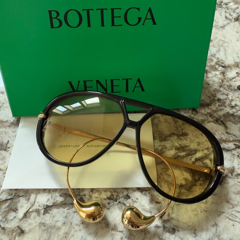 Bottega Veneta Gold and Black Aviator Sunglasses